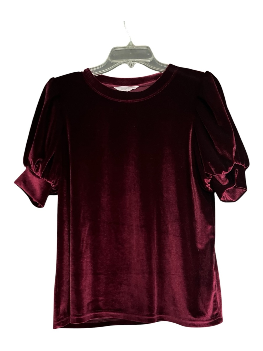 Amaryllis Velvet Puff Sleeve Top Burgundy Crew Neck Tee M